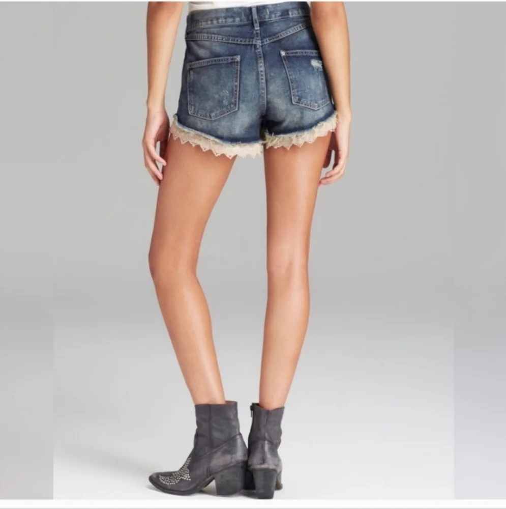 Free People Lacey Lace High Rise Denim Distressed Shorts 27